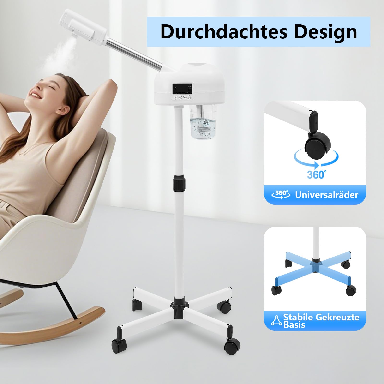 Gesichtsdampfer 360° Ozon Bedampfer Höhenverstellbar Porenreiniger Kosmetik Dampfgerät mit Timer und Heißer Sprühmodus Funktionen Gesichtssauna Verdampfe