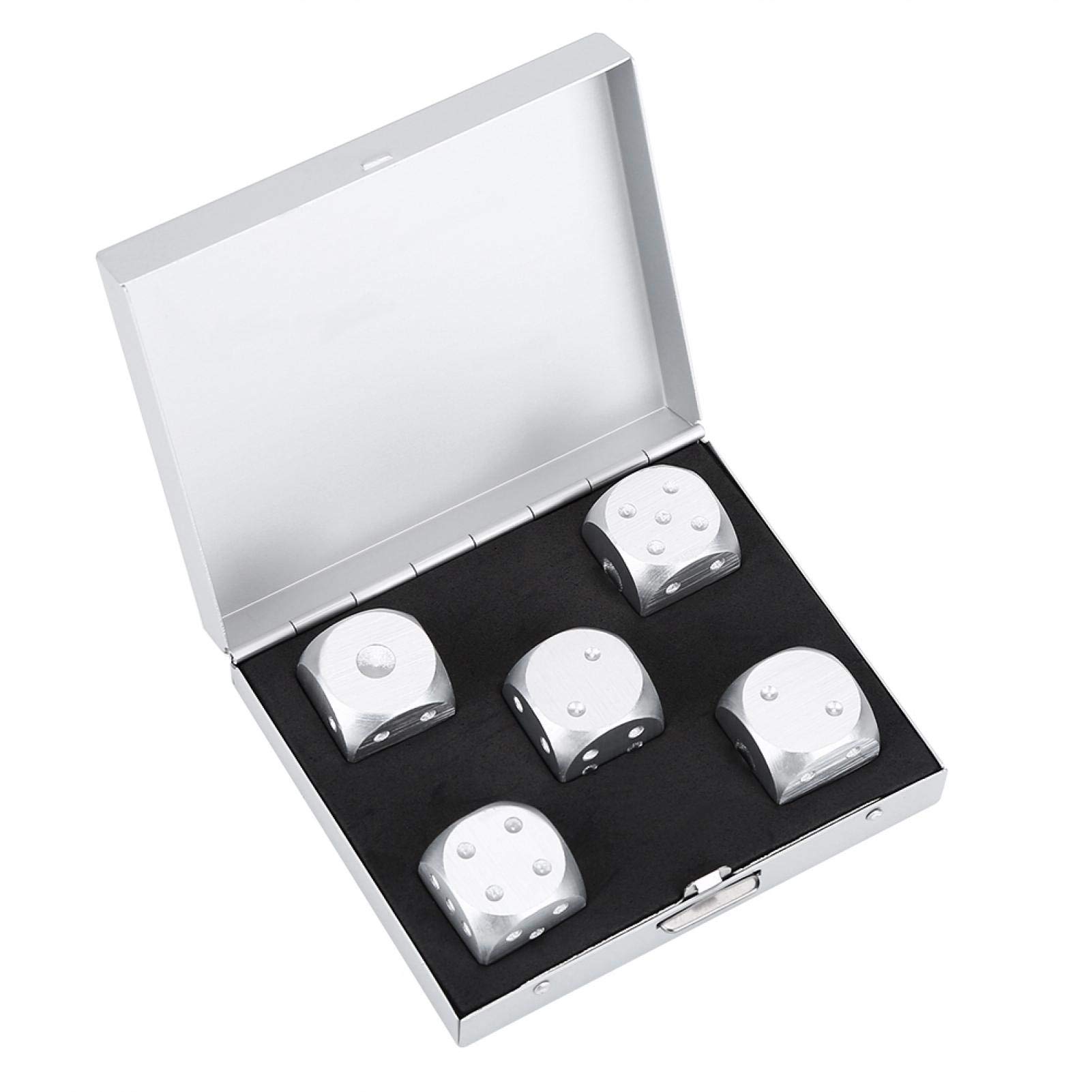 Dés de Jeu de Table, Jeu de dés de Jeux de Poker de Jeu de Table en Alliage d'aluminium 5 pièces avec boîte de Rangement(Carré d'argent)