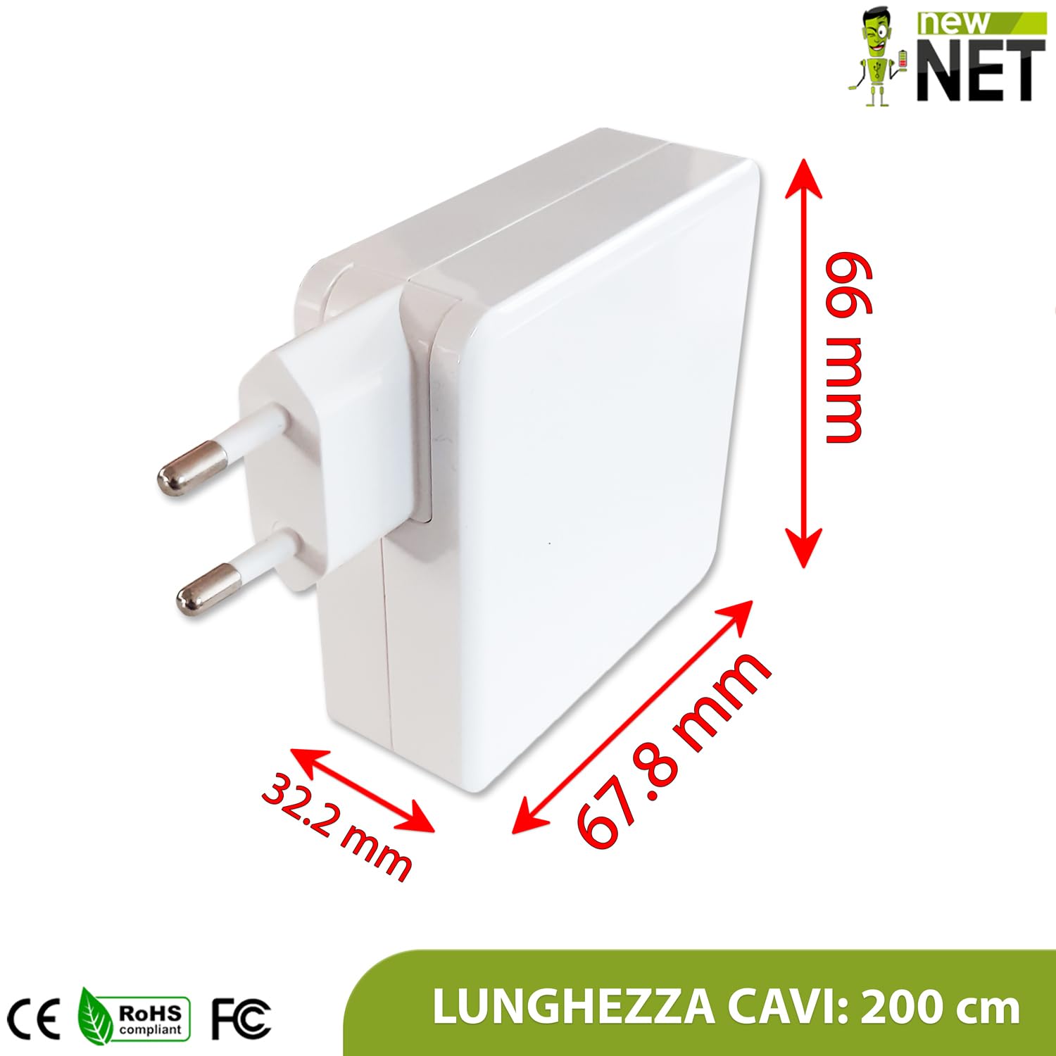 New Net - Alimentatore Caricatore Caricabatteria compatibile con Notebook Mac Book Pro 16 2023, Mac Book Pro 16 2021 [ 20V 5A 100W - Type-C/MagSafe 3]