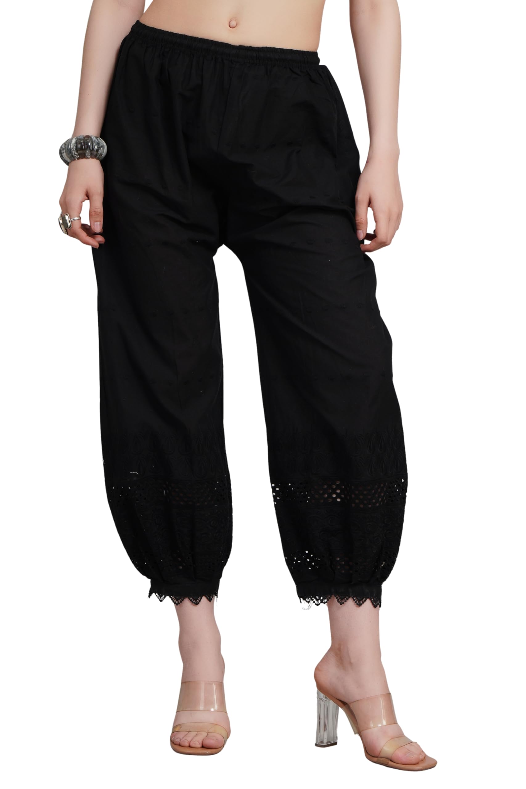 Women's Black Cotton Afghani Salwar with Embroidery & Elastic Hem | Ethnic Bottom Wear-image-35