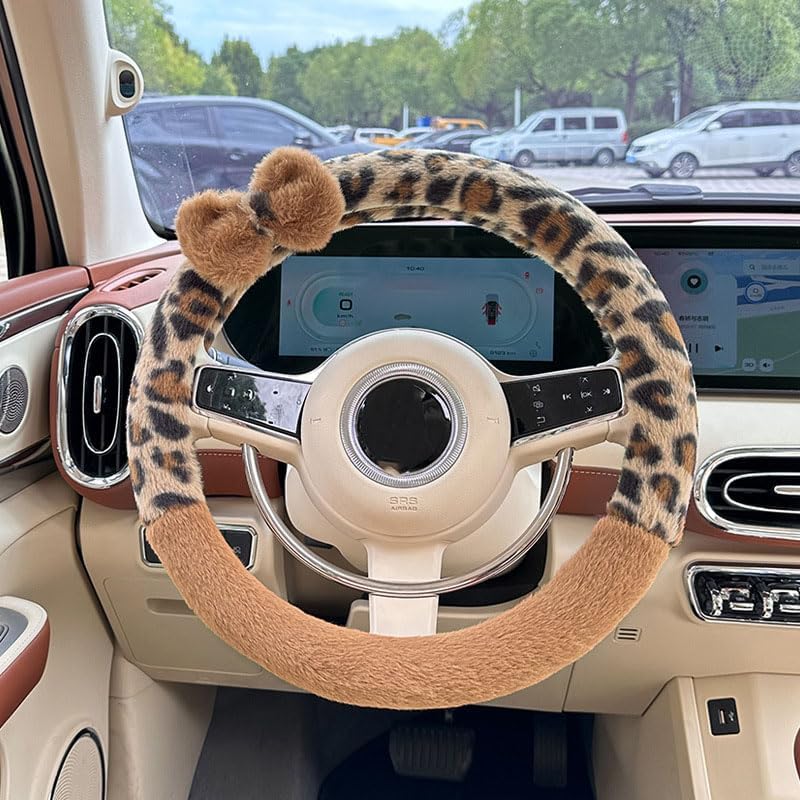 Leopard Print car Steering Wheel Cover Plush Winter Warm Non-Slip car Handle Cover Woman Steering Wheel Cover Gift for Sister's mom Teacher