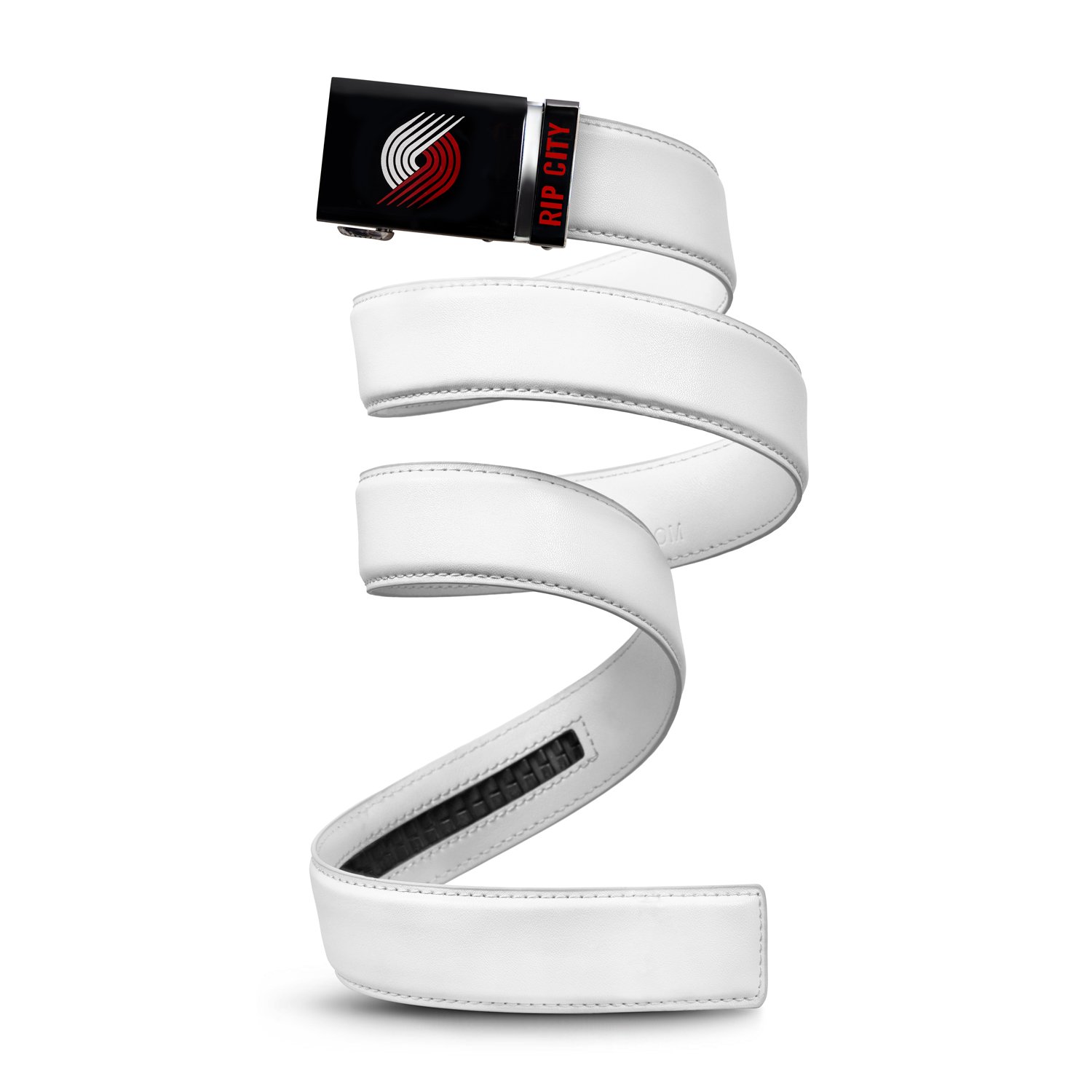 Mission Belt NBA Portland Trailblazers, White Leather Ratchet Belt, Medium (Up to 35