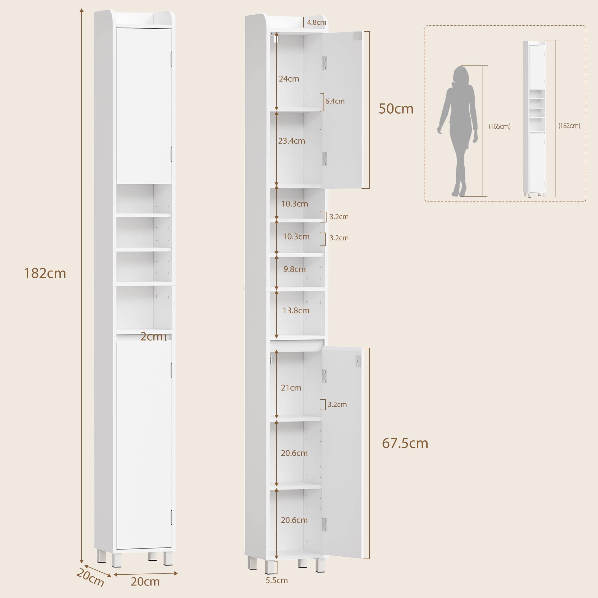 BEWISHOME Mobile Bagno Alto Stretto Mobiletto Bagno Salvaspazio 20x20x180cm | Mobiletto con Ripiani Aperti Cassetto e Ripiano Regolabile Armadietto per Piccoli larghi