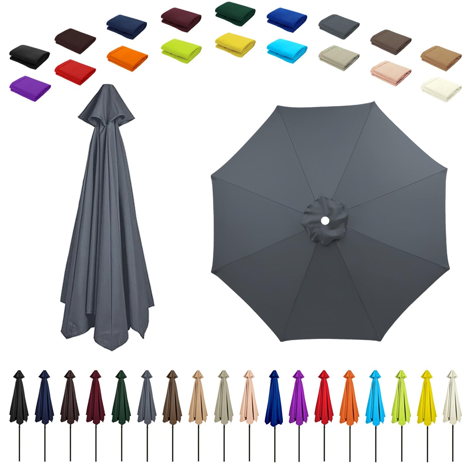 6/8 Ribs Umbrella Replacement Top, Parasol Replacement Canopy, Replacement Parasol Fabric Cover, Breathable/UV Protective, For Patio/Market/Yard/Backyard/Pool/Market(Grey,8 ribs: 3.0m/9.8ft)
