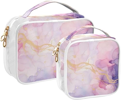 Miniatura 2 de Bolsa de aseo transparente de mármol rosa morado acuarela para viajar, paquete de 2 bolsas de cosméticos de maquillaje con cremallera, bolsa de