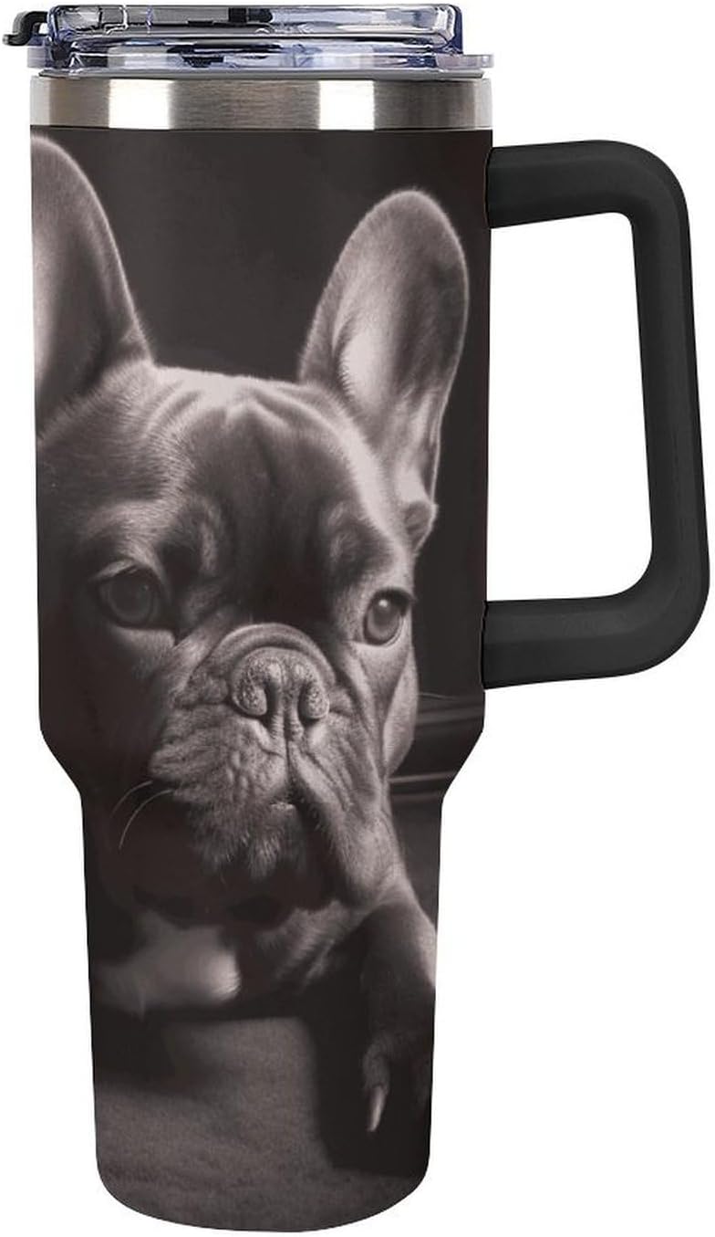 French Bulldog Insulated Stainless Steel Travel Mug, 40 Oz Tumbler with Handle And Straw Double-Wall Vacuum Coffee Cup, Leak-Proof Lid, Keeps Drinks Hot/Cold for Hours