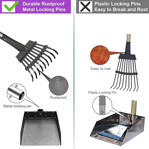 Miniatura 3 de QiMH Juego de bandeja y rastrillo mejorado para excremento de excremento de mascotas de metal inoxidable con mango largo ajustable para perros