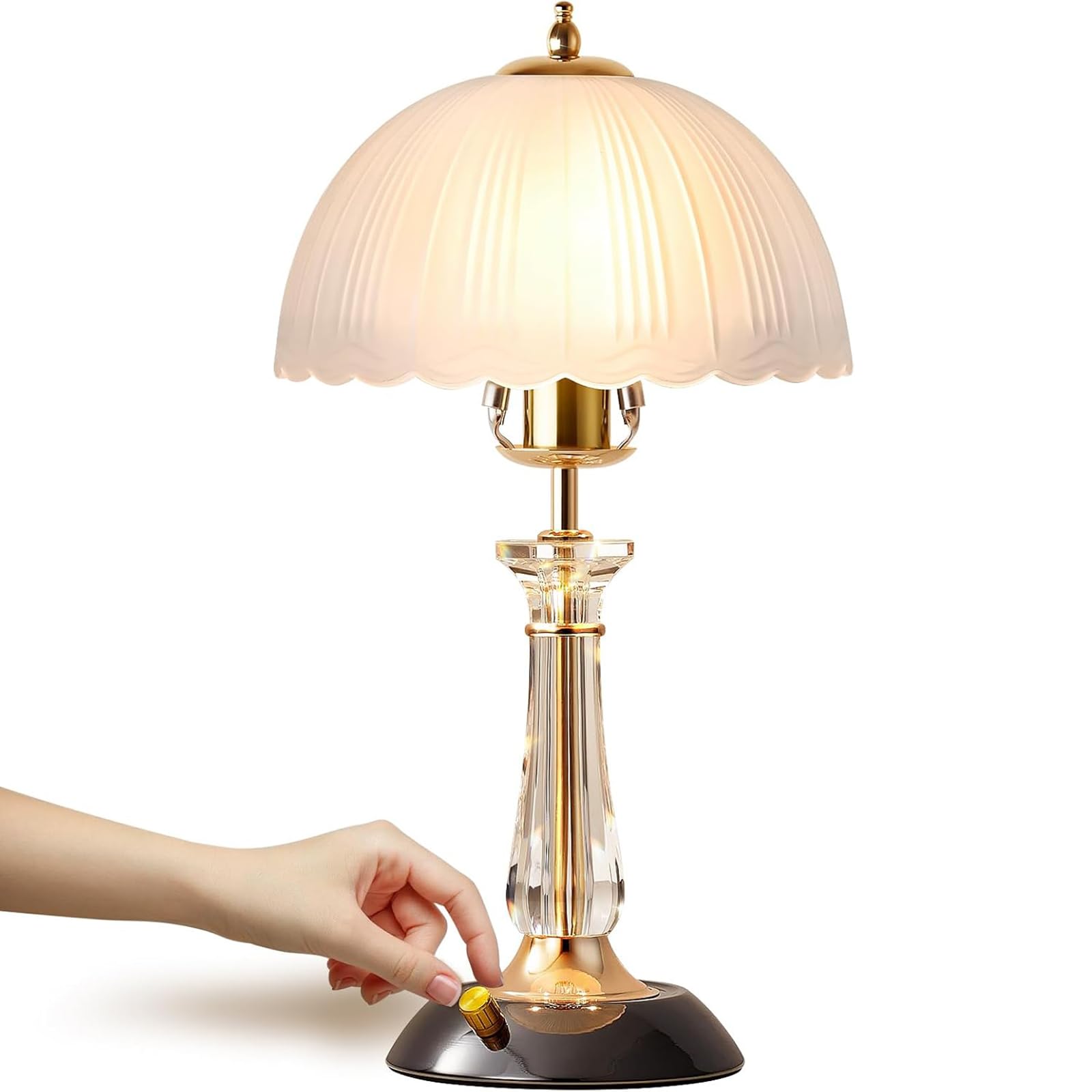 Lampa Stołowa LED, Lampa Biurkowa Do Sypialni Z Kloszem Z Białego, Matowego Szkła I Kryształową Kolumną, Ściemniana Lampka Nocna Z 3 Regulowanymi Trybami Oświetlenia, Do Biura Gabinetu Salonu