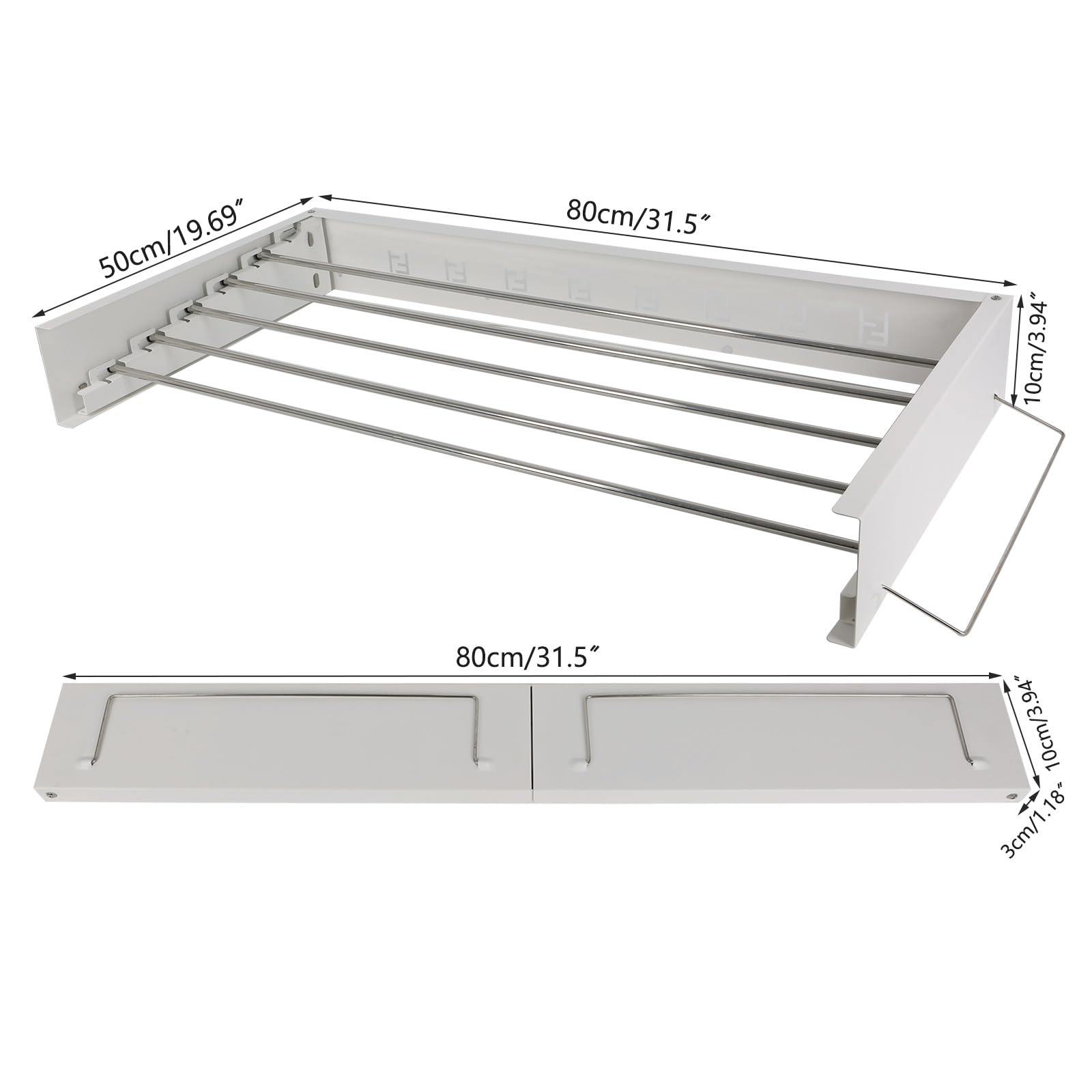 Wandmontage Wäschetrockner, Edelstahl Wand Wäscheständer, Platzsparend Klappbar Ausziehbar Kompakt Design Wandtrockner mit Handtuchstange für Drinnen und Draußen Badezimmer Balkon (Weiß 80cm)