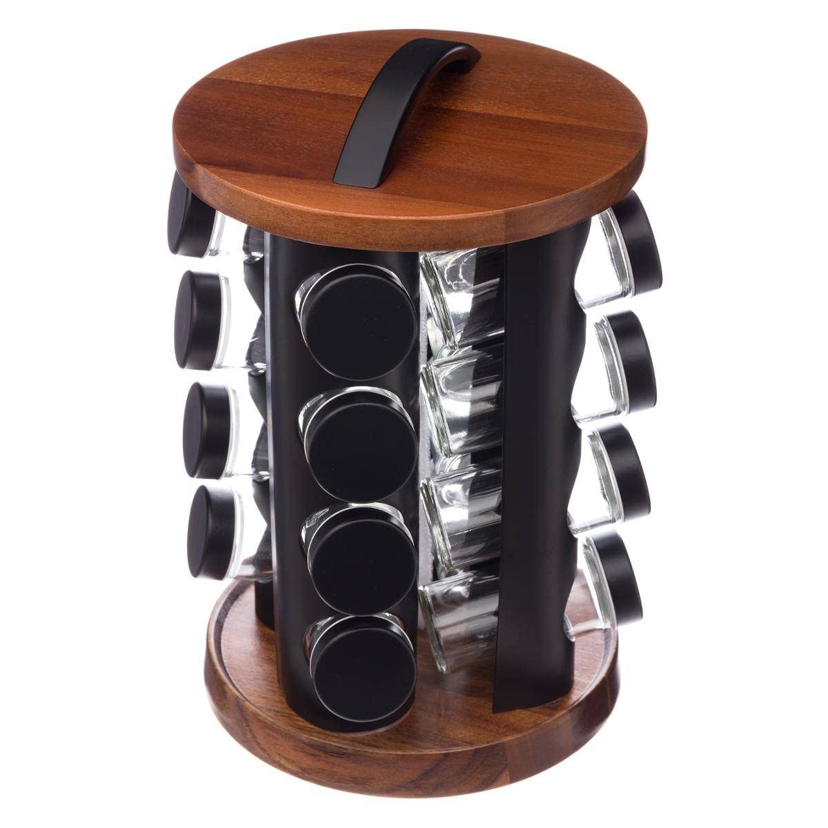 Five Portaspezie + 16 barattoli per spezie, 20 x 31,5 cm, in legno, colore: Nero