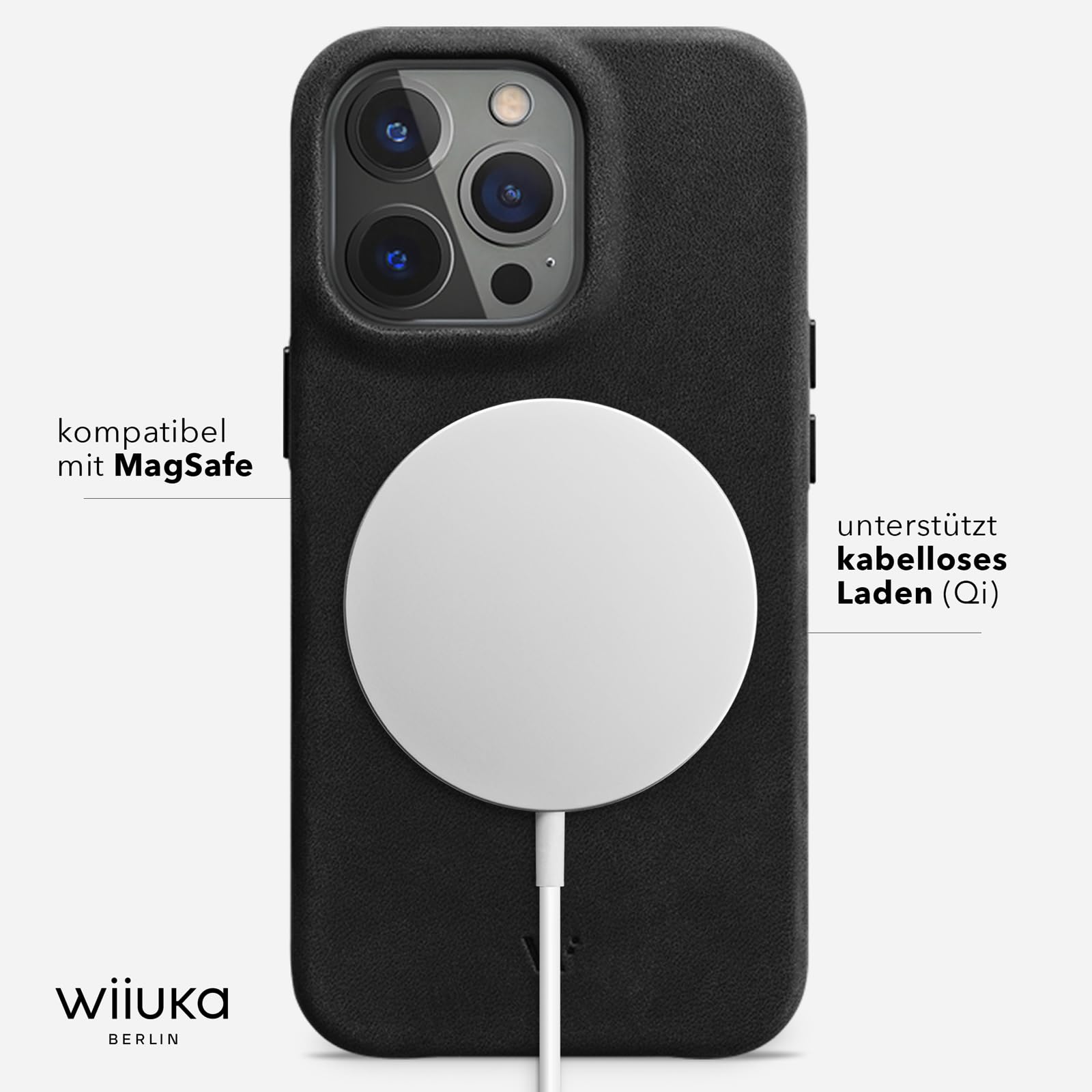 WIIUKA Etui do iPhone 14 Pro, skórzane etui z Niemiec, bardzo cienkie, etui premium na telefon komórkowy, Case, Qi, vintage czarne