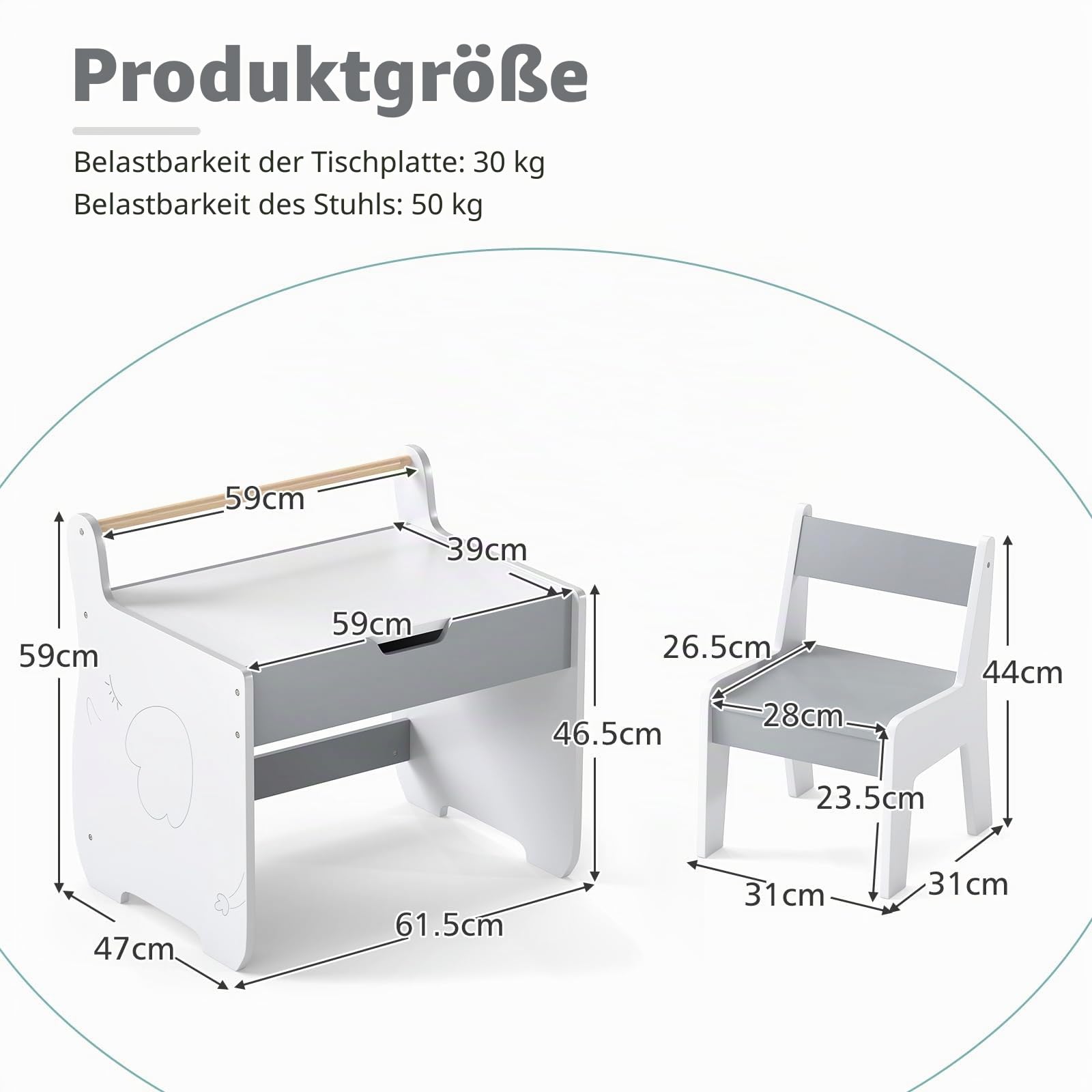 LIFEZEAL Kindertisch mit Stuhl, Abnehmbarer Kinderschreibtisch mit Stauraum, Kindersitzgruppe mit doppelseitiger Tafel, Kinder Tisch Stuhl Set zum Spielen, Lesen, Malen, Essen (Grau + Weiß)