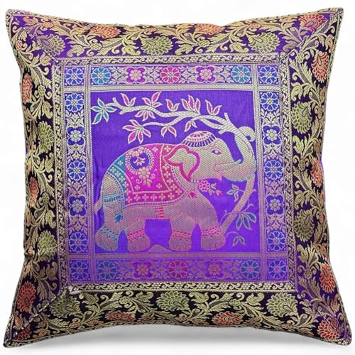 Original Kikan Kissenbezug aus indischem Elefanten-Mandala, Seide, Sari-Brokat, Boho-Stil, Heimdekoration, 40,6 x 40,6 cm, Reißverschluss, Banarsi, ethnisch, handgefertigt, Patchwork (lila)
