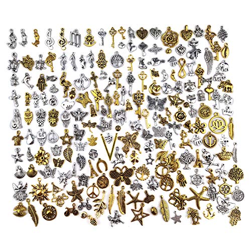 200pcs Bulk Lots Charms for Jewelry Making Supplies kit Craft Accessories Metal Silver Mixed Set for Bracelets, Necklaces, Earrings, Keychain Charms Wholesale