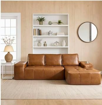 114" Brown Leather Couch Sofas for Living Room, L Shaped Cloud Sectional Couch with Comfy Chaise, Mid Century Modern Boneless Couches for Living Room Apartment Right-Brown