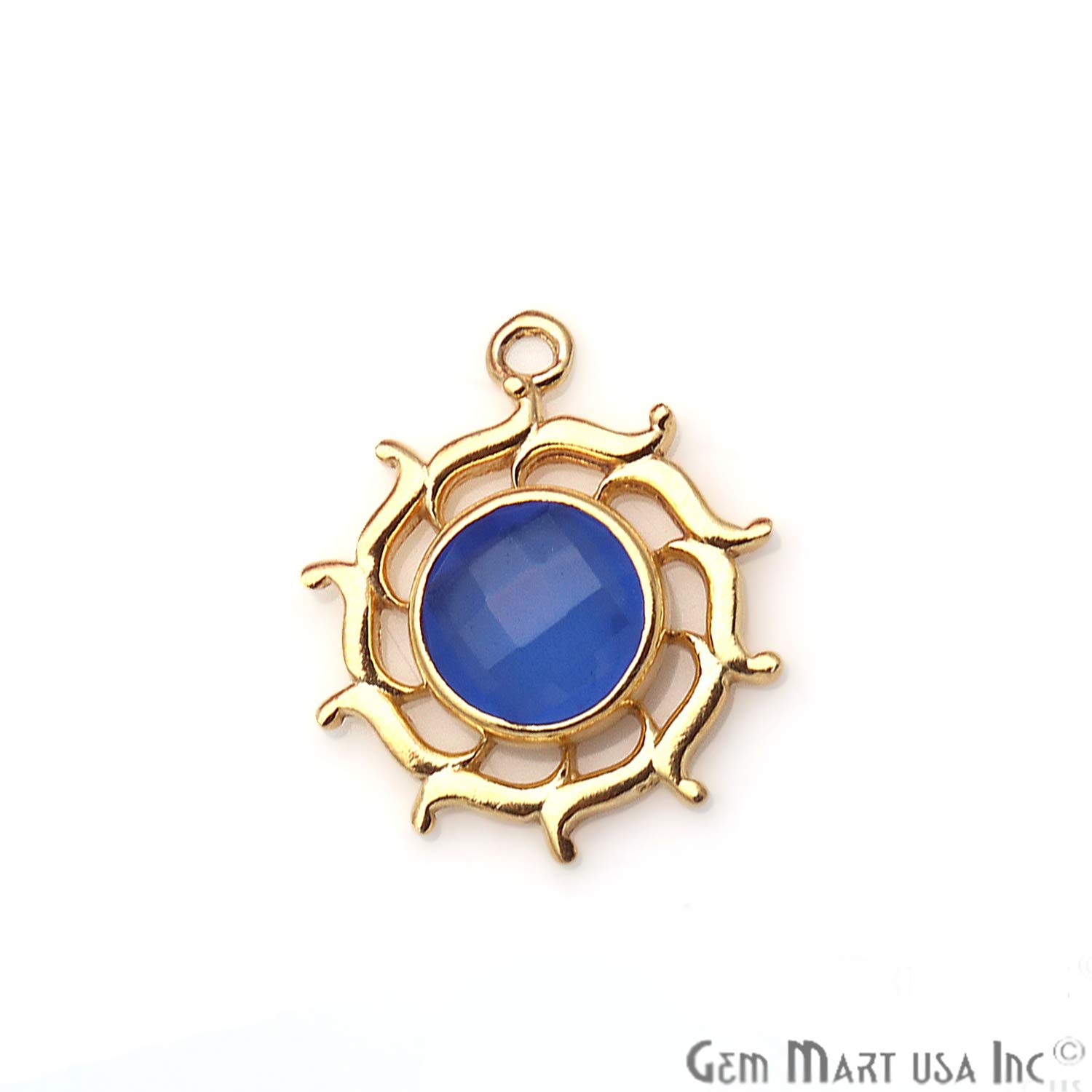 Blue Chalcedony Round Gemstone Pendant, Gold Plated, Single Bail Pendant, DIY Earrings, Bracelet Charms, 20X17MM GemMartUSA (GPBC-50214)