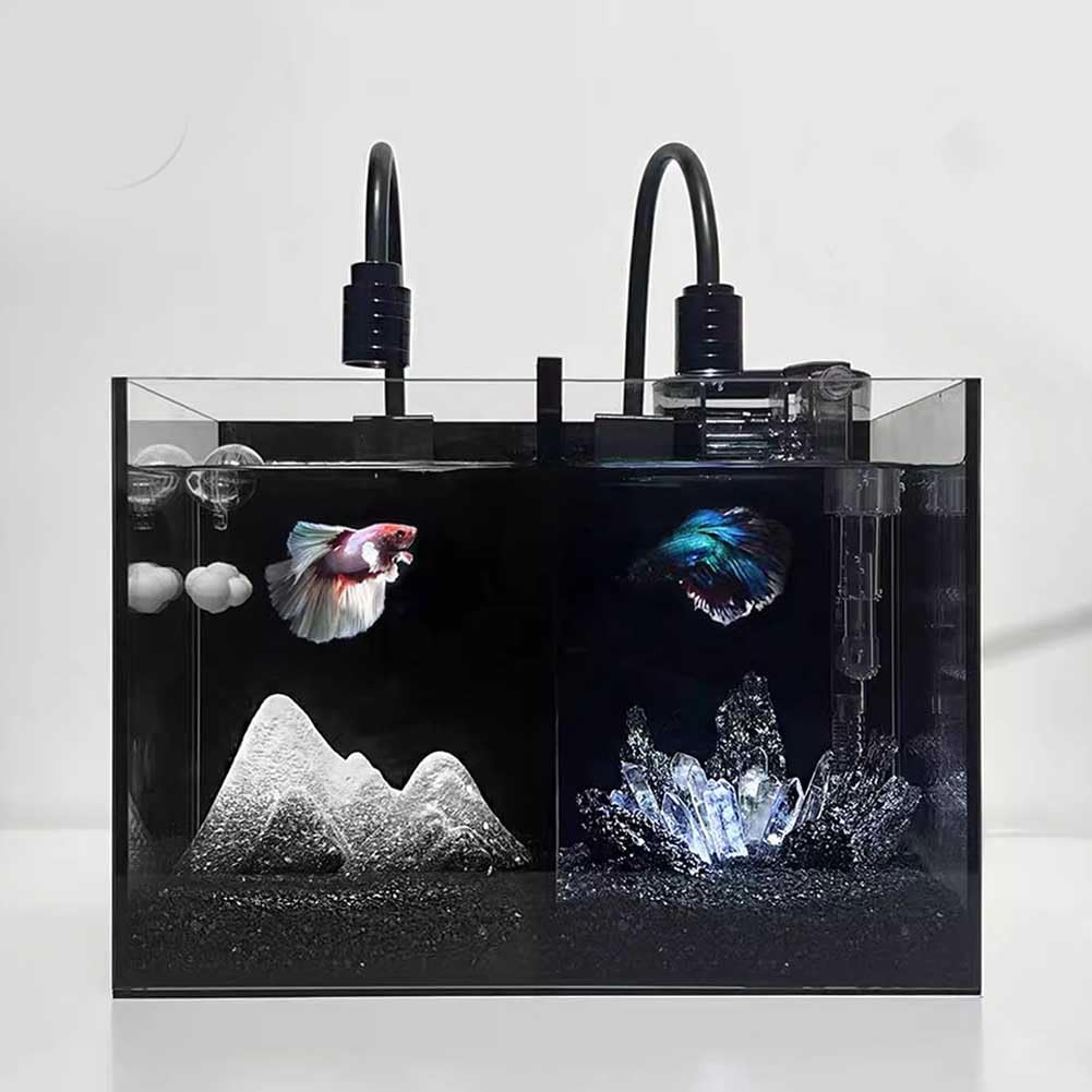 Acquario Betta, Set Acquario in Vetro Trasparente per Principianti, Set Acquario con Spazio Indipendente, Elegante Piccolo Acquario per Scrivania da Ufficio,Filtro E Scena Artificiale,S