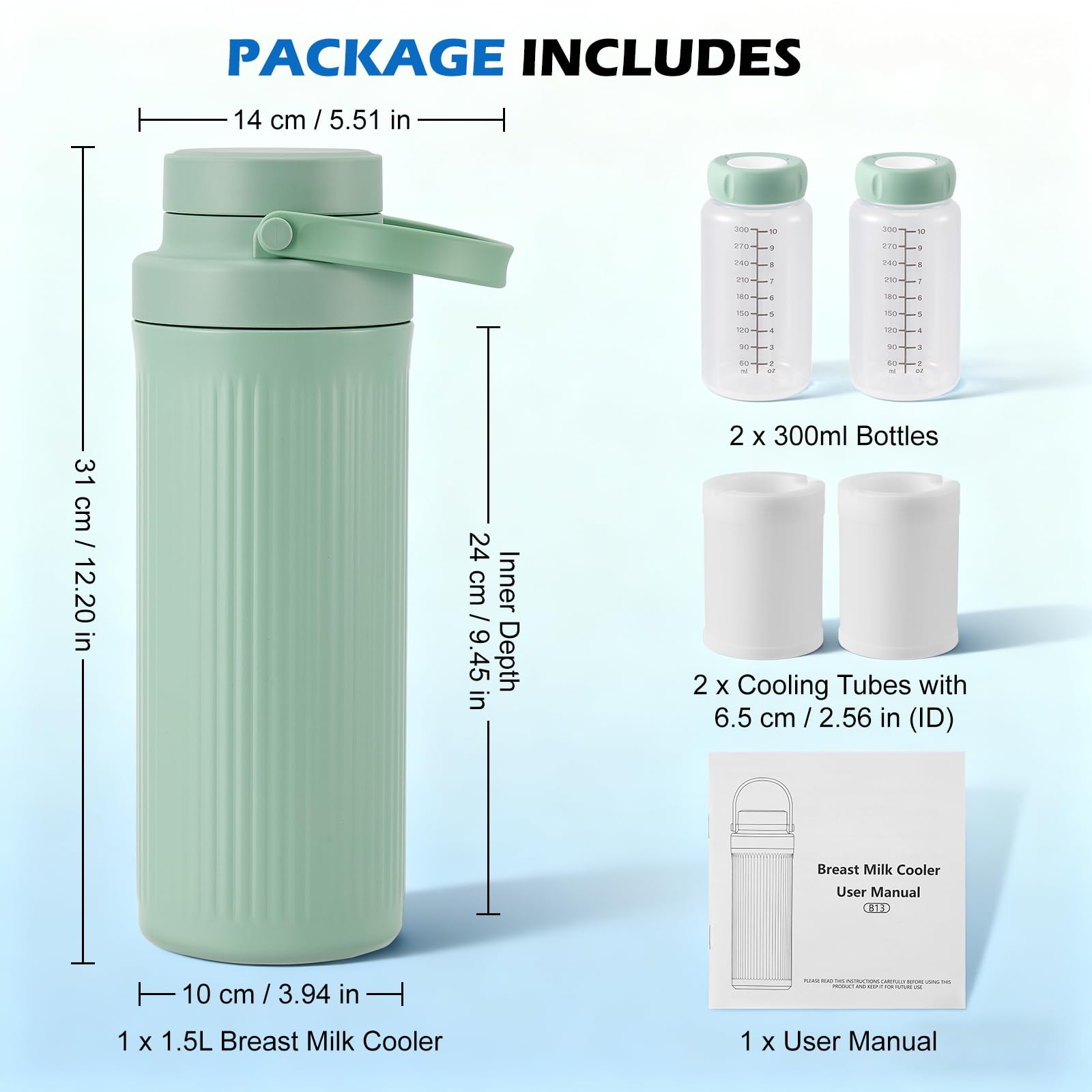 Tragbarer Muttermilchkühler 1,5L mit 2x300ml Muttermilchaufbewahrungsflaschen, 360° Gesamtkühlung Babyflaschenkühler für Unterwegs & Reise, Wiederverwendbares Stillzubehör mit langlebiger Kühlung