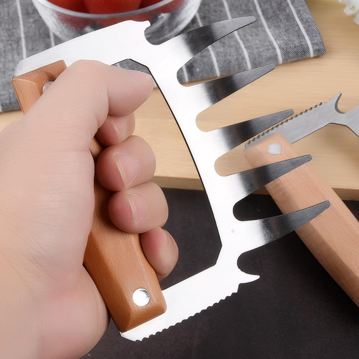 2 artigli per carne 5 in 1 pulled Pork artiglio per succoso manico in legno di Pork Wooden Stainless Steel Meat Claws, Pulled Pork for Cook Barbecue Lovers,for an Garden Barbecue Party