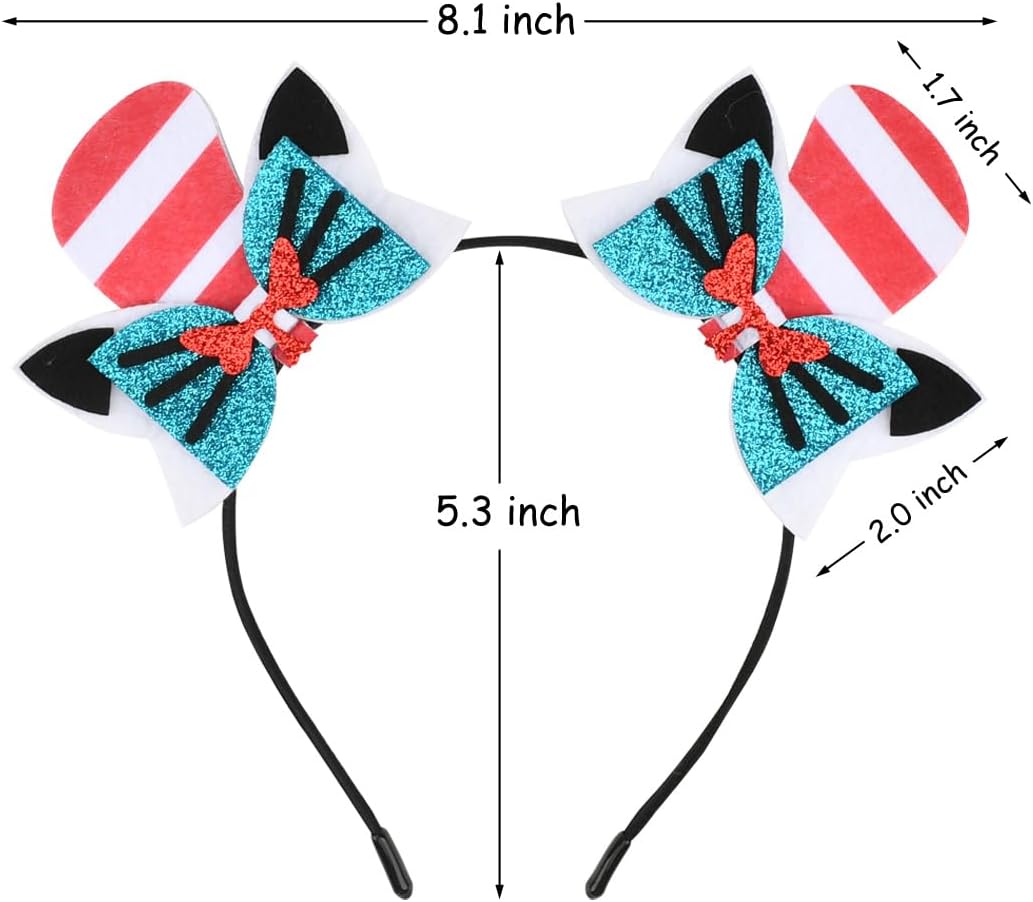 HODRME Cat Bow Headbands with Dr Hat Design, Red, White, and Teal Glitter, 6 Pack