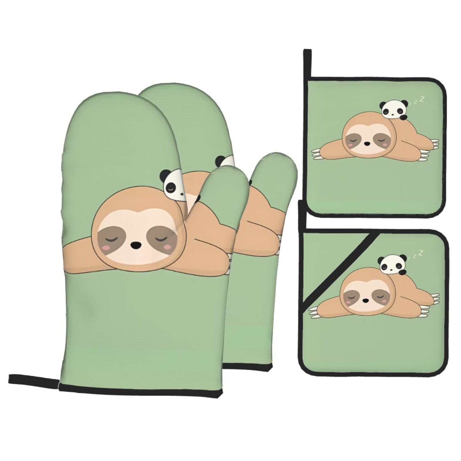 HJFCZH Cute Panda and Sloth Prints Kitchen Throw Set: Durable Oven Layers with Waterproof Polyester – 4 Piece Heat Protection System