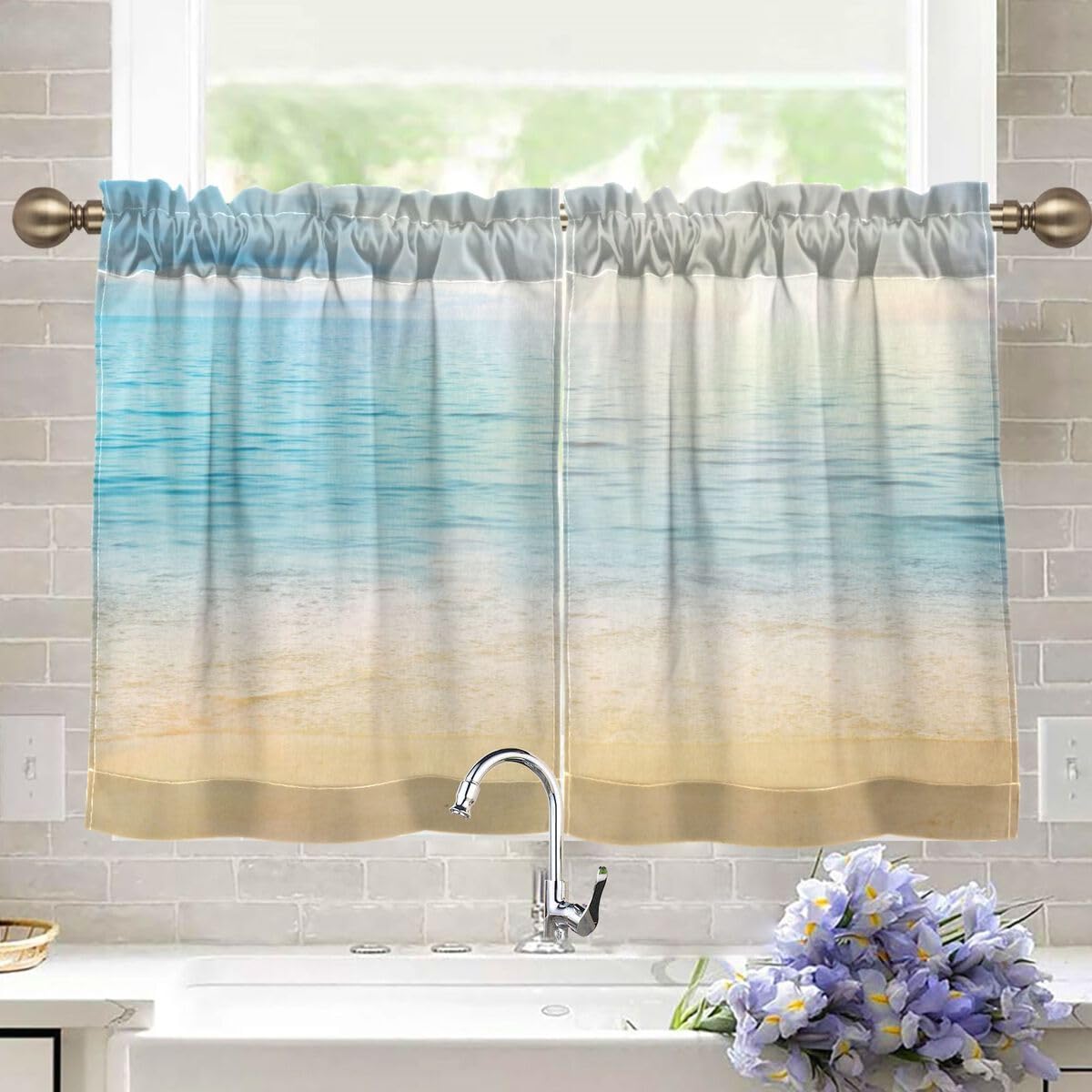 Amazon｜MiaoLD カフェカーテン 小窓用 UVカット 遮光 断熱 砂浜 海