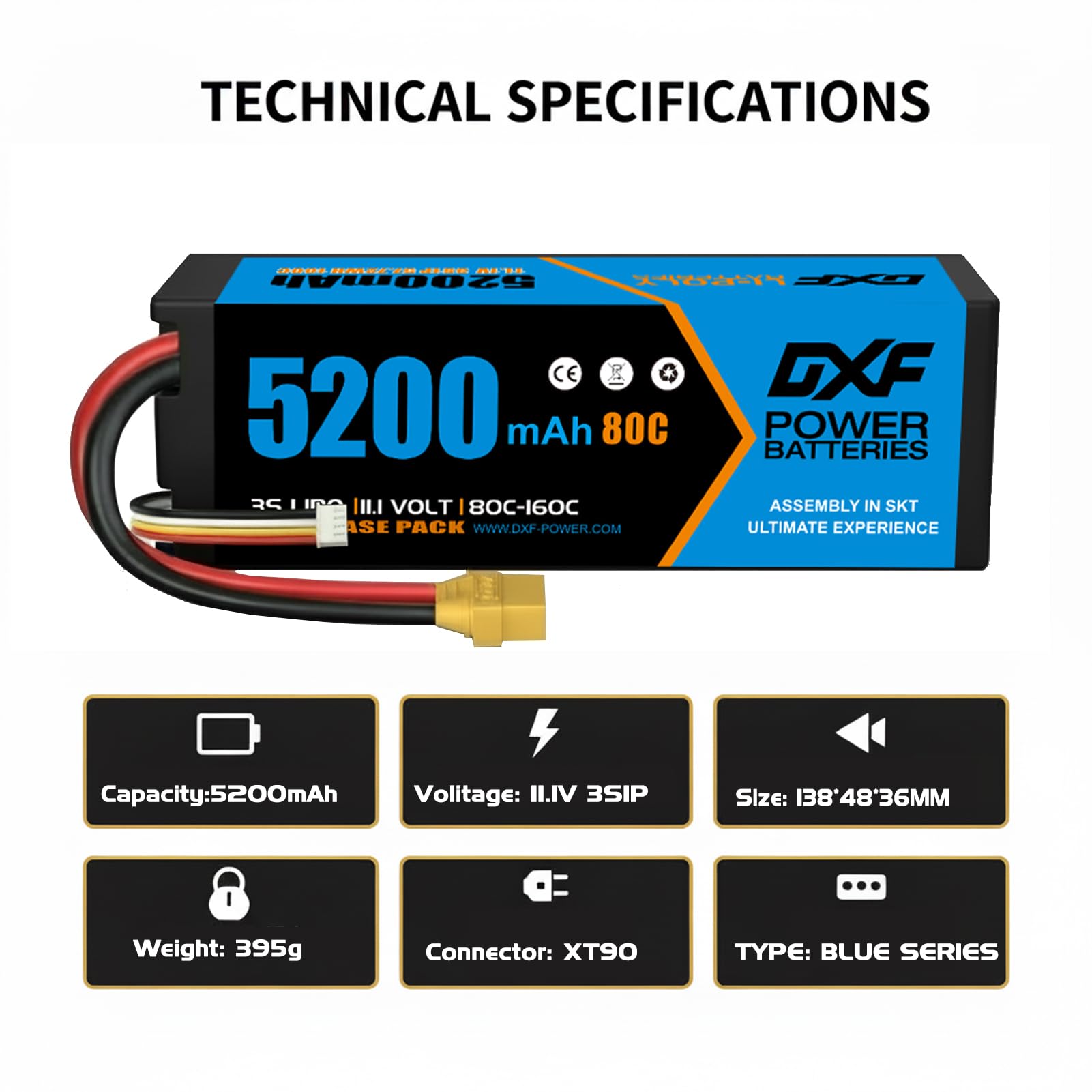 DXF 3S LiPo Akku 11.1V 5200mAh 80C 2er Pack mit XT90 Stecker Hardcase Batterie für RC Auto Truck Boot Helikopter Flugzeug Quadcopter Modellbau Hochleistung Entladung 1:8 1:10 Maßstab