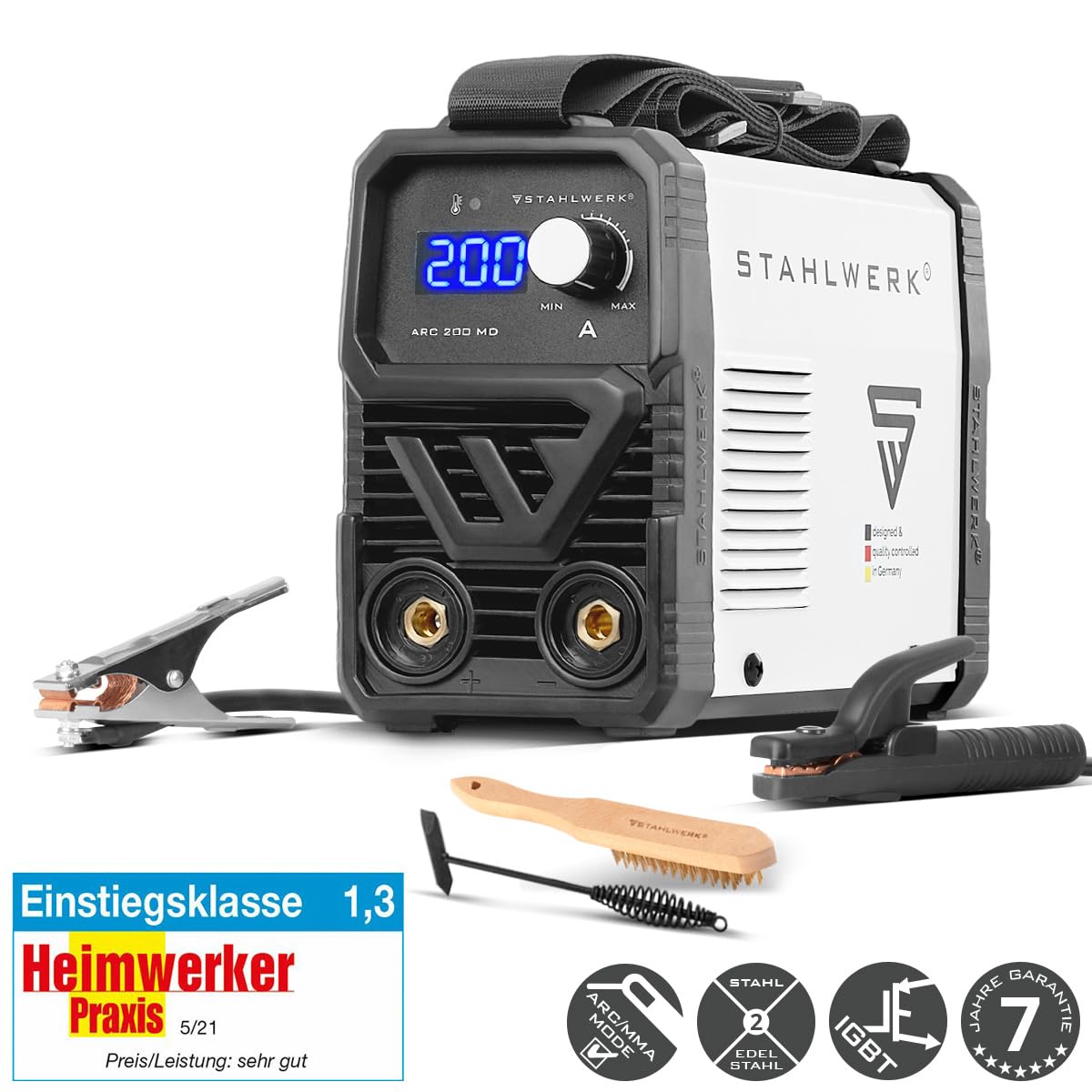 STAHLWERK Spawarka elektrodowa ARC 200 MD – MMA (E-Hand) i Lift-TIG (DC) do 200 A, uniwersalne zastosowanie bez gazu, kompaktowa i lekka 3,4 kg, inteligentne chłodzenie, automatyczny hotstart, funkcja