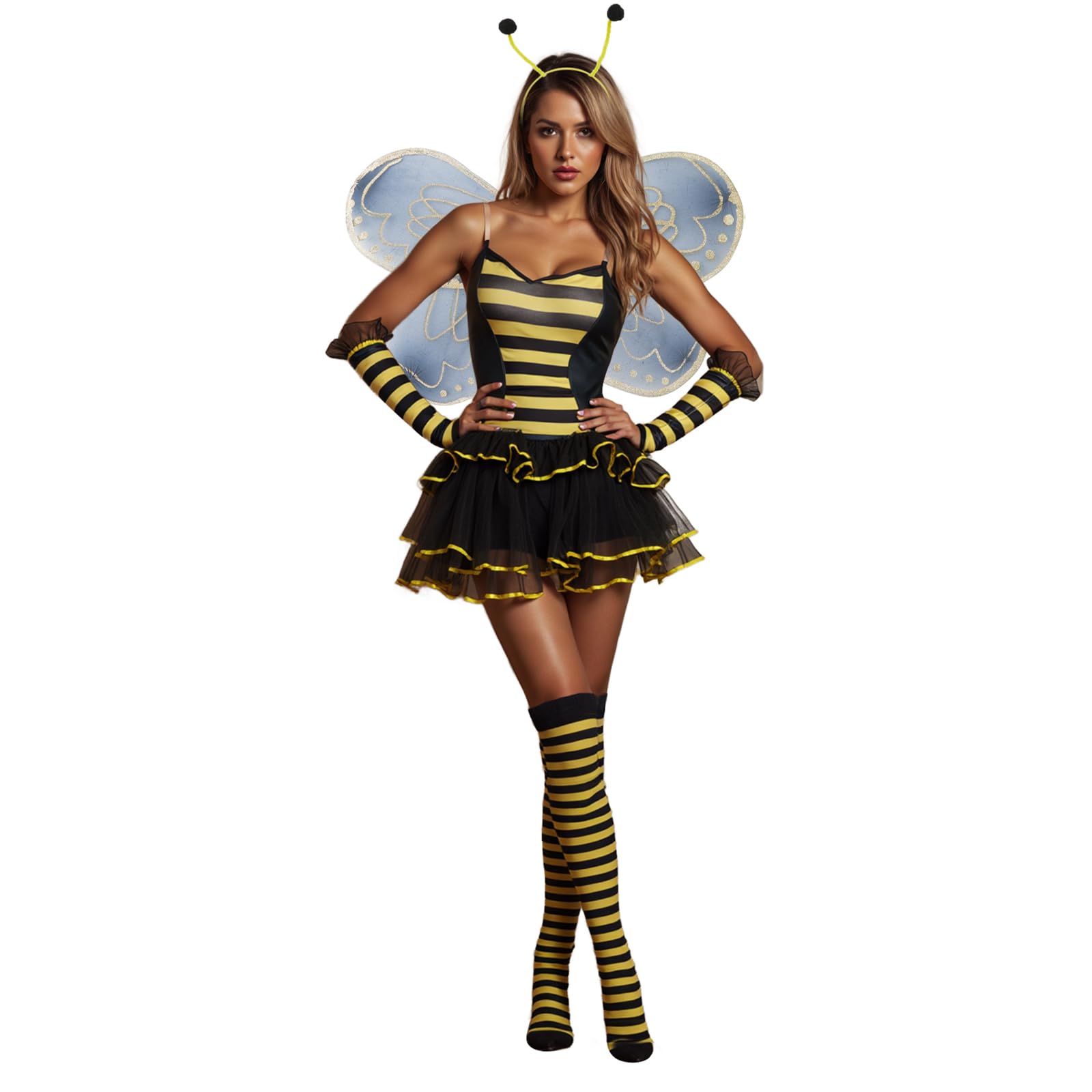 Anuedgis Halloween Bee Costume for Women Cute Striped Mini Dress with Wings Set Bumble Bee Costume for Carnival Cosplay Themed Party (C-Yellow, XXL) — image 1