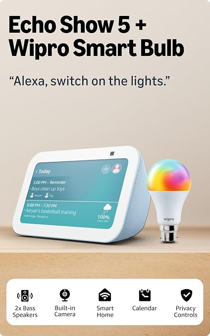 Amazon Echo Show 5 (Cloud Blue) | Smart display with Alexa, 2x Bass Speaker, Combo with Wipro Simple Setup 9W Smart Bulb
