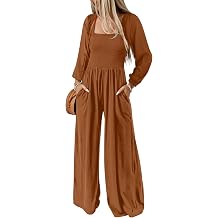 Happy Sailed Womens Long Sleeve Jumpsuits Loose Fit Overalls Square Neck Pockets High Waisted Wide Leg Pants Rompers
