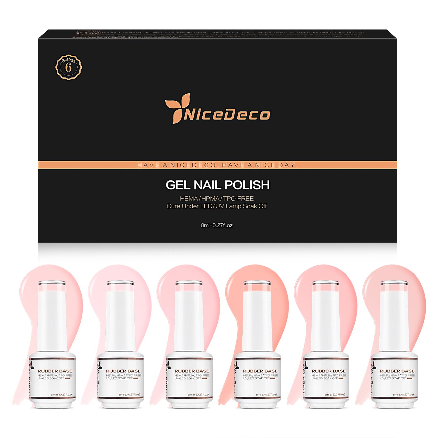 Nicedeco 4 en 1 Juego de gel base de goma para uñas, Hema Free Nude Rose Pink Sheer Color Gel Nail Polish UV LED Soak Off, Goma elástica Nail Strengthen Enhance Base Coat 6 x 8ml-Set 37