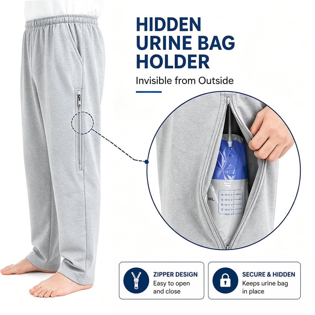 Pantaloni Porta-Sacca per Urina con 2 Tasche con Cerniera, Pantaloni Porta-Catetere per Incontinenza, Pantaloni Porta-Sacca per Urina, per Nefropatia, Nefrostomia