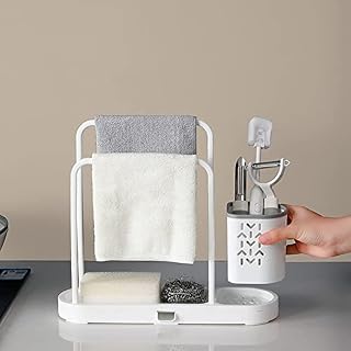Kitchen Sink Caddy Organizer, Sponge and Dishcloth Holder with Basket,Sink Soap Brush Holder with Removable Drain Pan(white)
