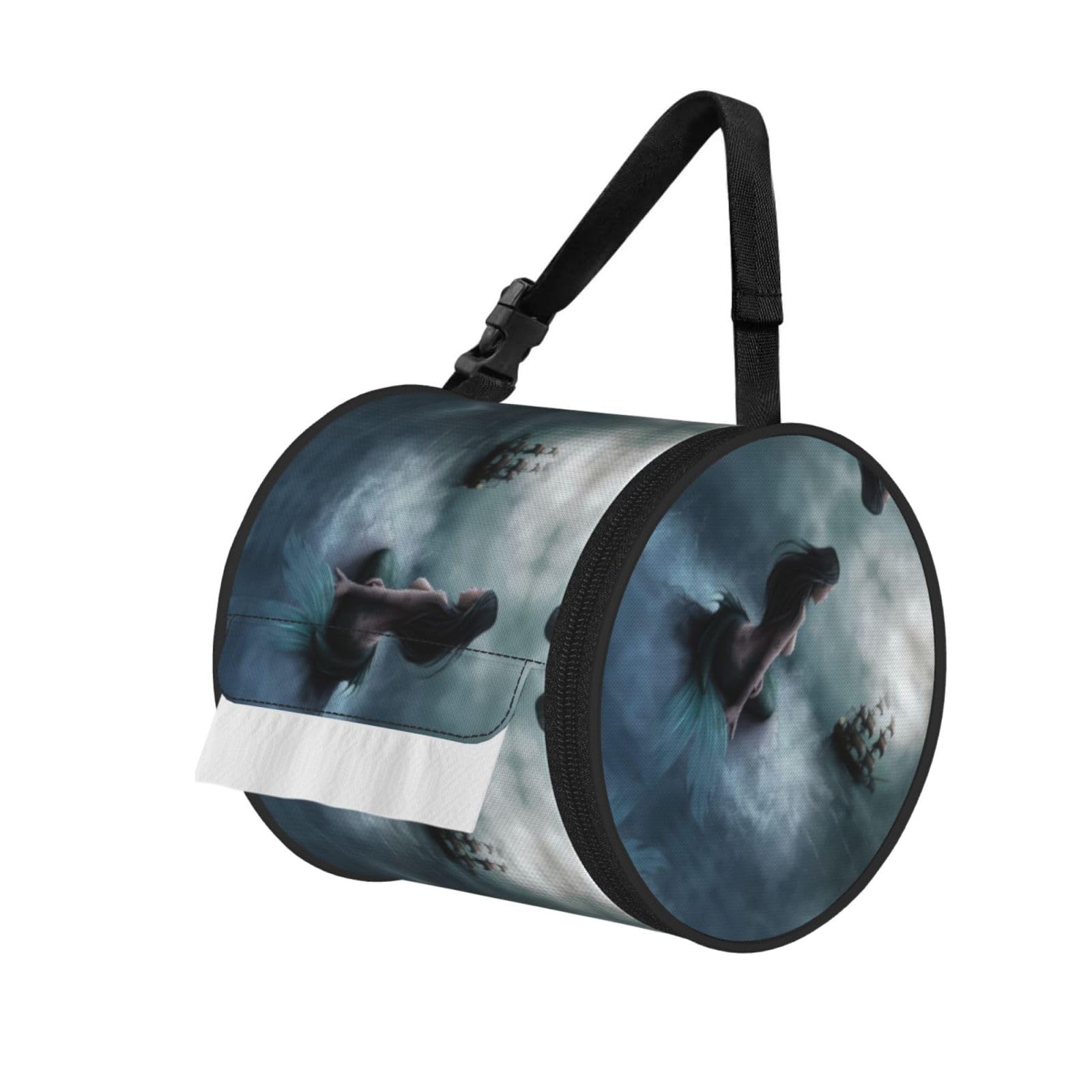 Mermaid Girl And Sailing on Sea Pirate Ship Printed Hanging Tissue Organizer, Smooth Zipper Oxford Cloth Roll Holder for RV Bathroom Desk