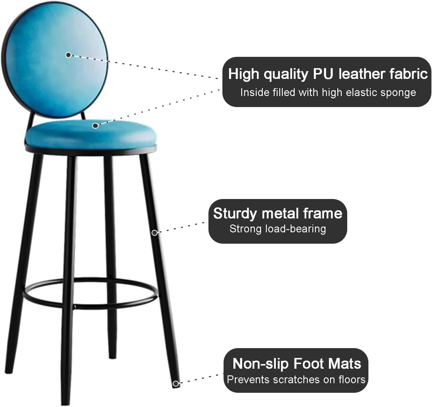 Tabourets de Bar Hauts - Chaises Rondes en Similicuir pour îlot de Cuisine et Coin Repas - Assises élégantes, Hauteur 65 cm, Couleur Bleue - Mobilier Moderne