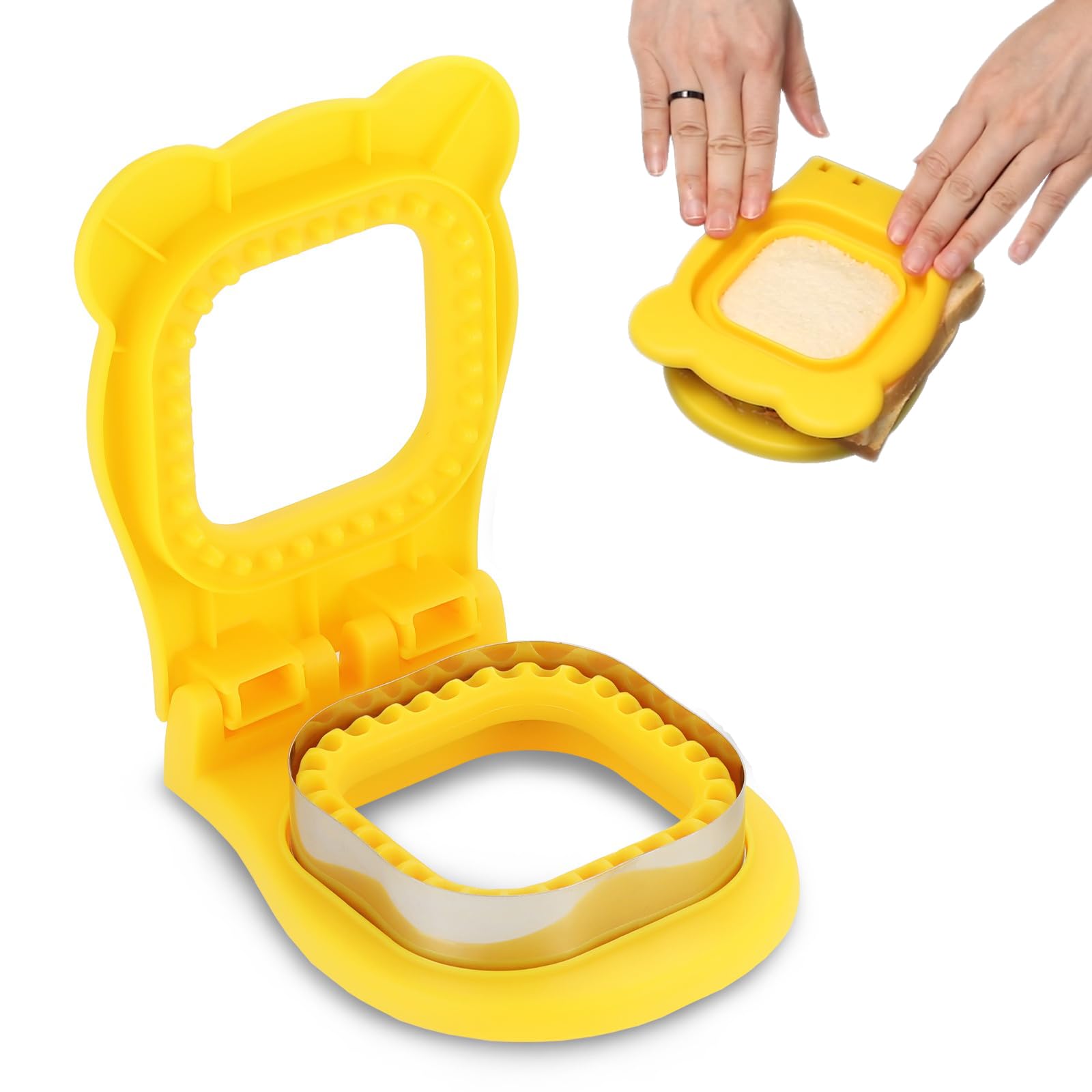 Junejour Sandwich Press Uncrustables for Kids 4 inch Round Shape Sandwich Cutter and Sealer, Crustless Sandwich Press Mold Cookie Bread Pancake Maker for Boys Girls Lunch (B - Square 2 - Yellow)
