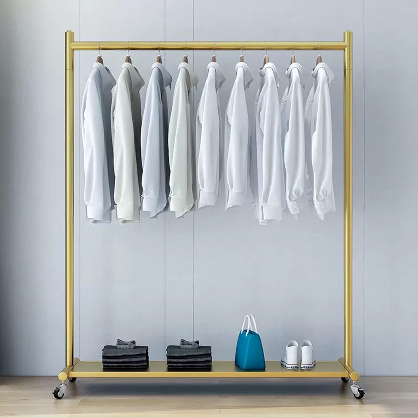 Portant à vêtements avec roulettes et étagère basse en métal noir