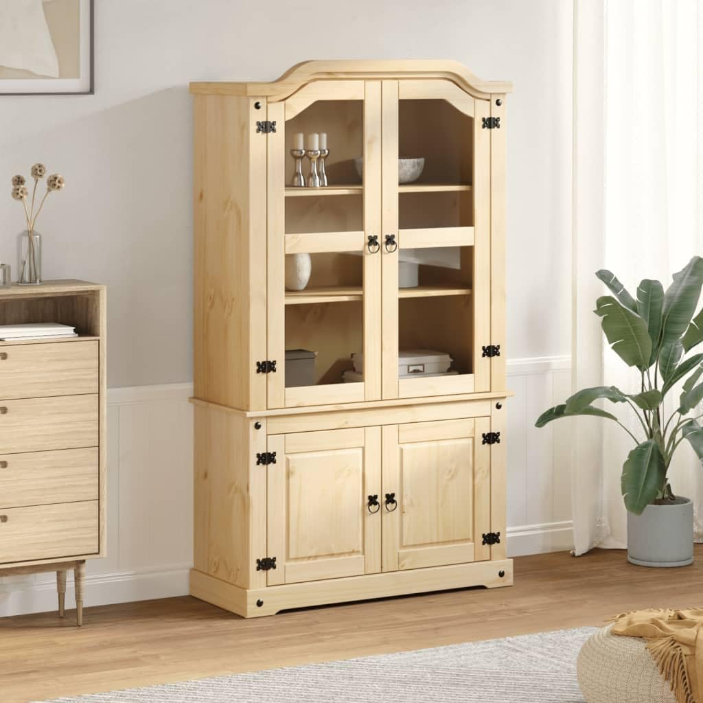 vidaXL Vitrine, Vitrinenschrank mit Glastüren Metallgriffe, Glasvitrine für Wohnzimmer, Hochschrank Bücherschrank, Massivholz Kiefer