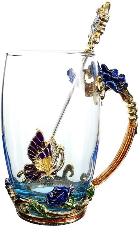FENHAR Luxury Upgrade Enamel Glass Of Rose Bowl Heat-Resistant Crystal Glass Coffee Cup Couples Creative Gift Flower Tea Cup (Blue rose tall)