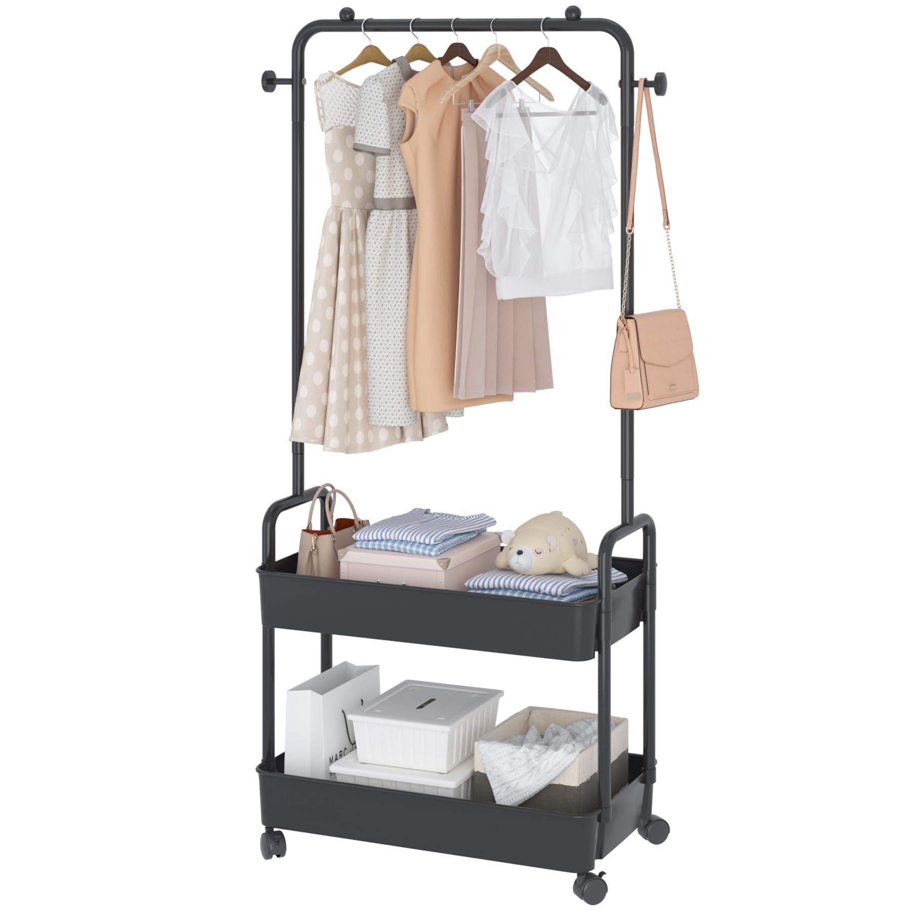 ANTOLE 2-in Garment Rack, Clothing Rack with Tier Metal Basket, Rolling  Storage Cart Clothes Organizer Coat Rack Storage Stand on Wheels, Clothes