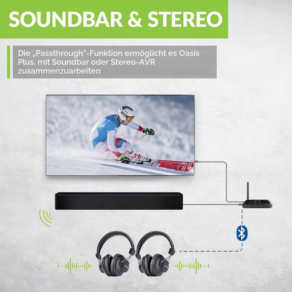 Avantree Oasis Plus aptX HD Low Latency Bluetooth 5.0 Transmitter Sender Empfänger für TV, Drahtloser Audioadapter für Kopfhörer, Bypass-Unterstützung, Große Reichweite, Touchscreen, Sprachanleitung