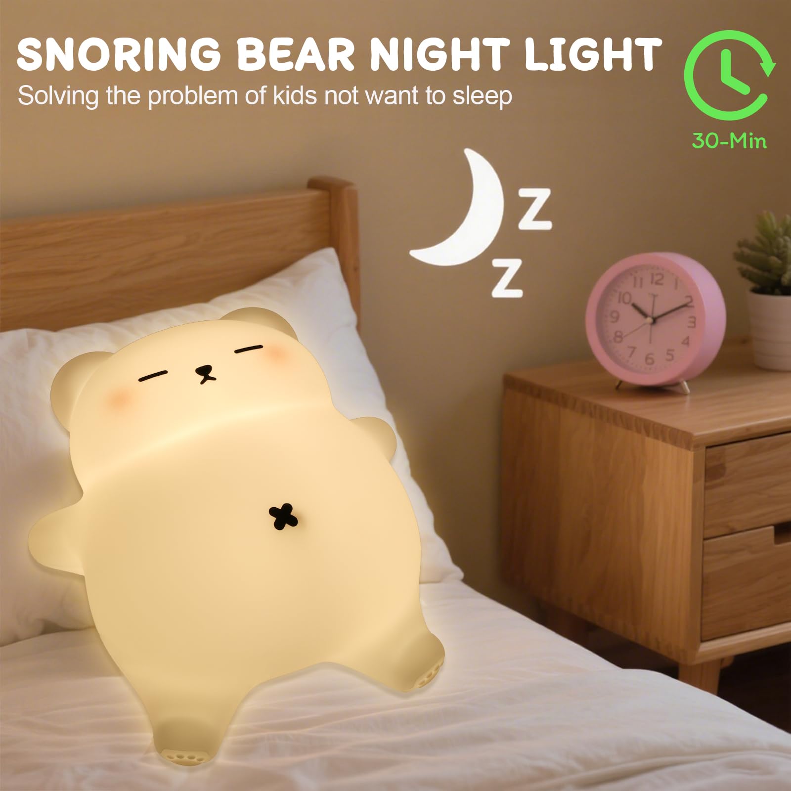 Luz nocturna de oso recargable, regalo de Navidad para mamá, regalos de baby shower con sonidos relajantes de ronquidos y barriga en movimiento, control táctil de atenuación de 3 niveles