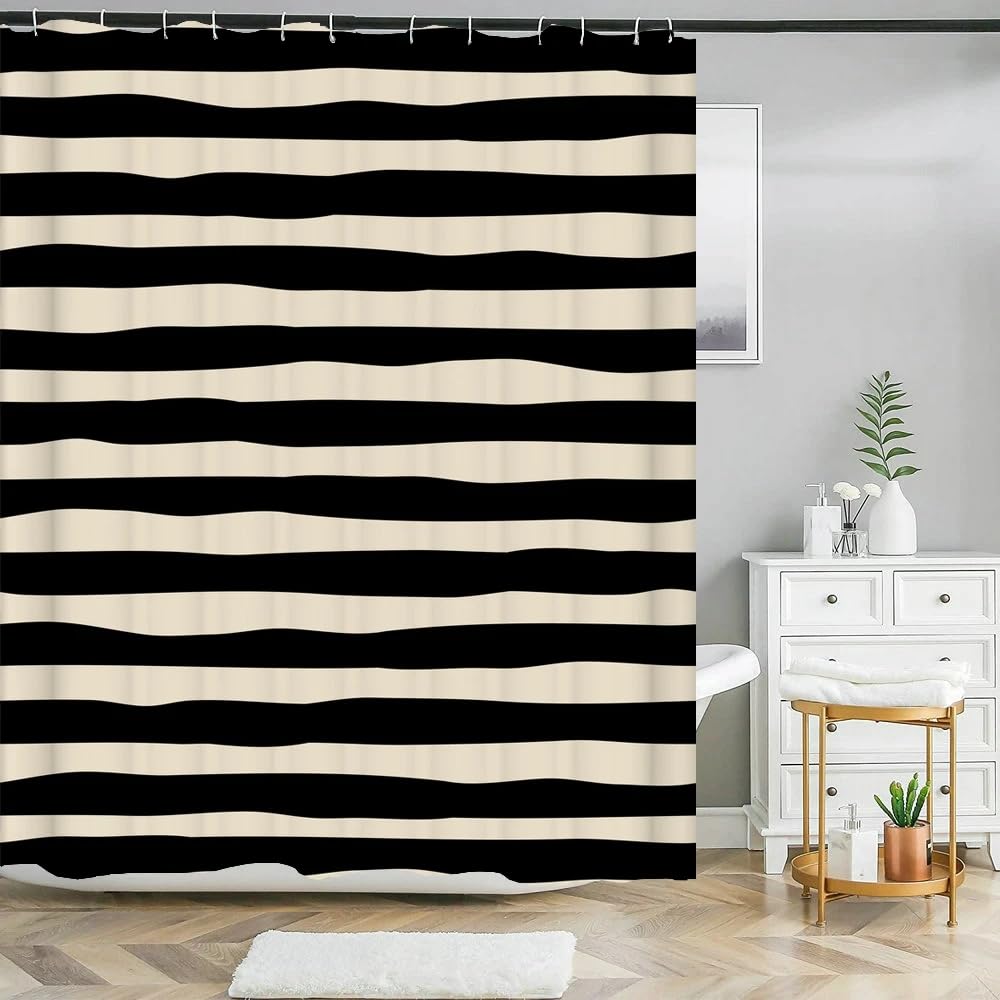 Cortina de Ducha 240 x 200 cm Sencilla, Diseño Geométrico Moderno de Rayas Negras, Color Beige, de Poliéster, Impermeable, Lavable, para Baño, 240 x 200 cm (1 Paneles).