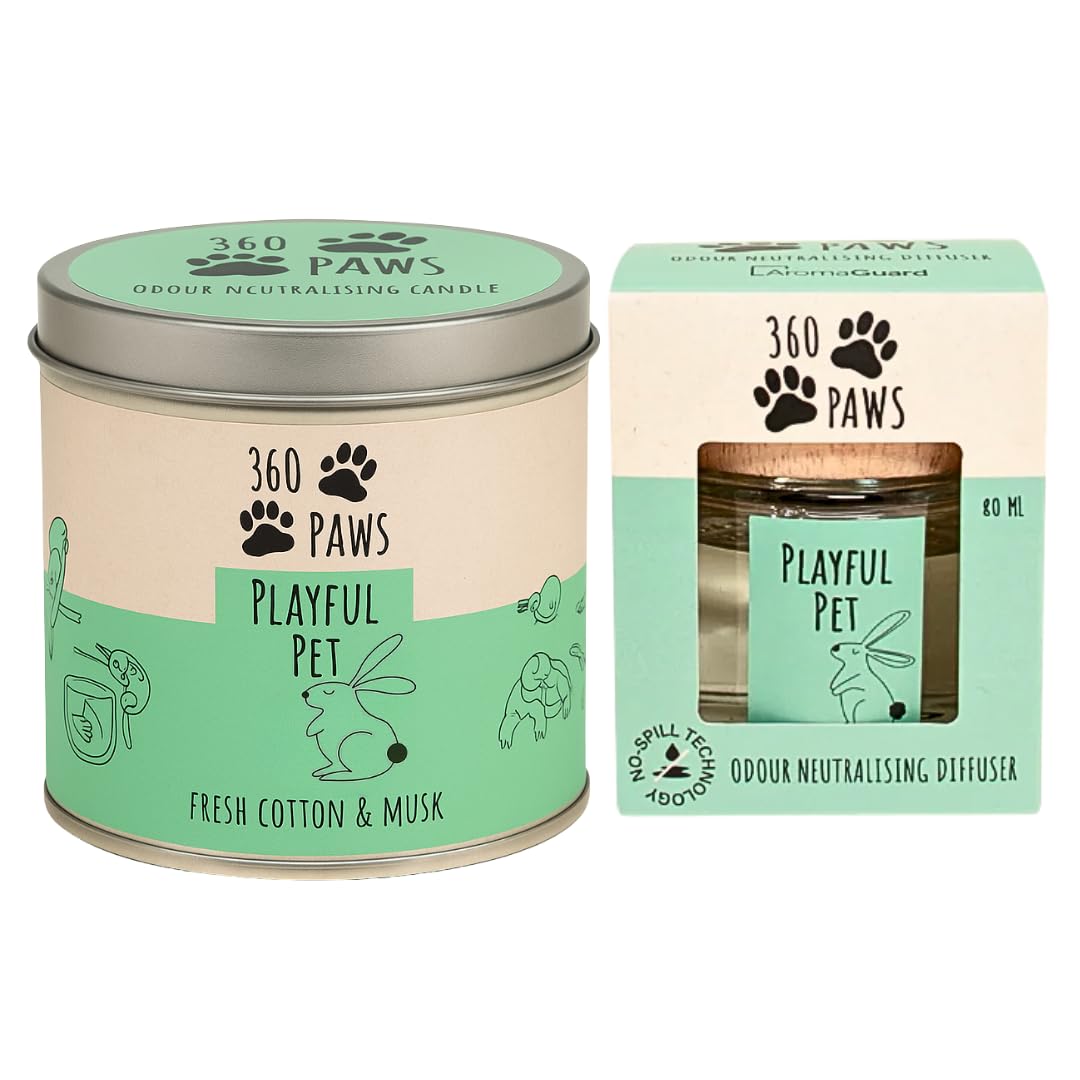 360 Paws Playful Pet Odour Neutralising Candle & Diffuser Set – Fresh Cotton & Musk | AromaGuard™ Pet-Friendly Home Fragrance Duo for Eliminating Pet Smells in Any Room