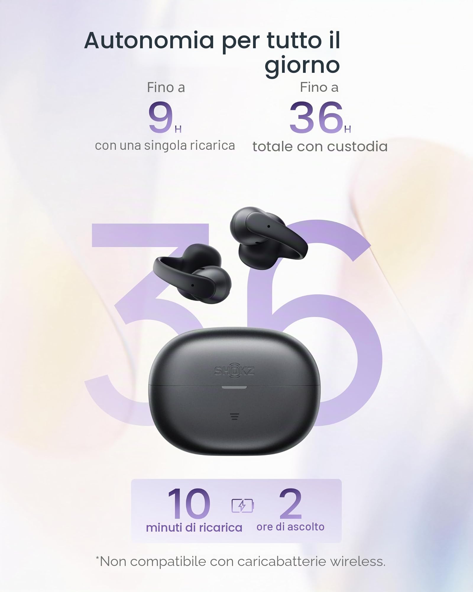 SHOKZ OpenDots Air cuffie open-ear clip-on, ultraleggere 6,3 g - Nero | bassi profondi, vestibilità sicura, 36 h di riproduzione, Bluetooth 6.1, riduzione rumore AI, IP55