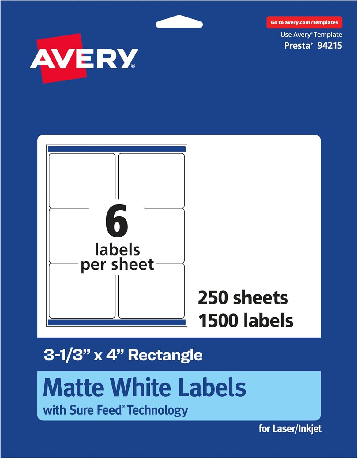 Avery Matte White Rectangle Labels, Sure Feed Technology, 3-1/3" x 4", 300 Matte White Printable Labels