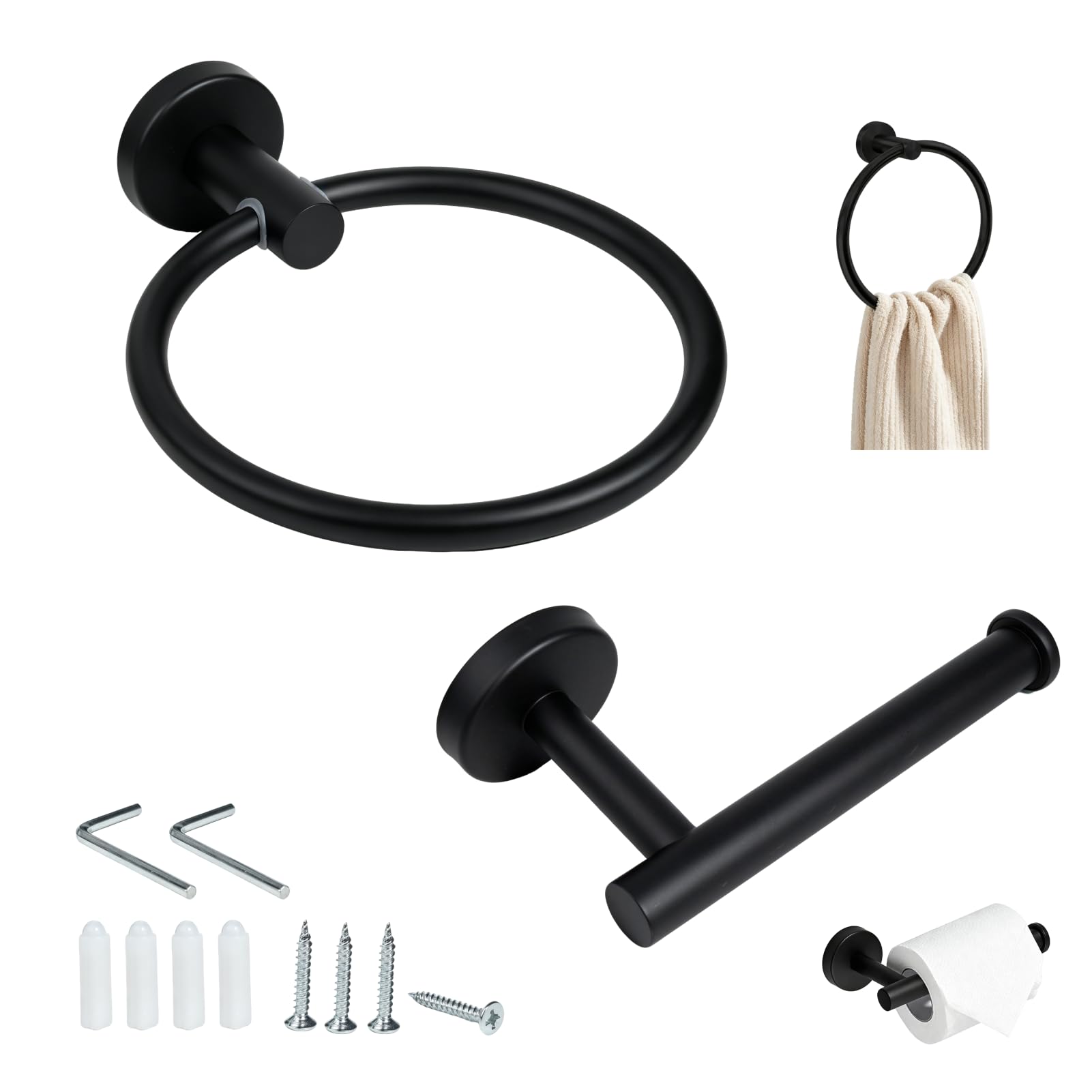 Yerozhui Toilet Roll Holder Towel Holder Set Stainless Steel Bathroom Accessories with Towel Ring and Toilet Tissue Holder Wall Mounted Space Saving Design for Bathroom Kitchen Home Use Black
