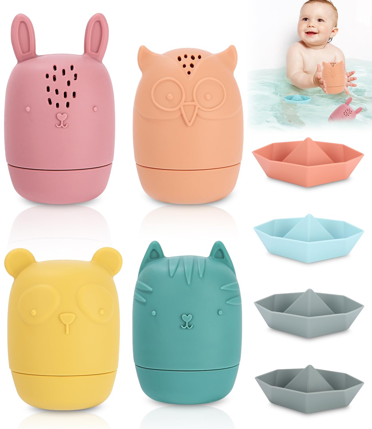 Toaren Juguetes de Baño para Niños 8 Piezas Juguetes de Agua de Silicona,Juguetes para Bebé Bañera,Animales Juguetes Sensoriales Bebe Juguete baño,regadera baño Bebe para Niños 1 2 3 Años