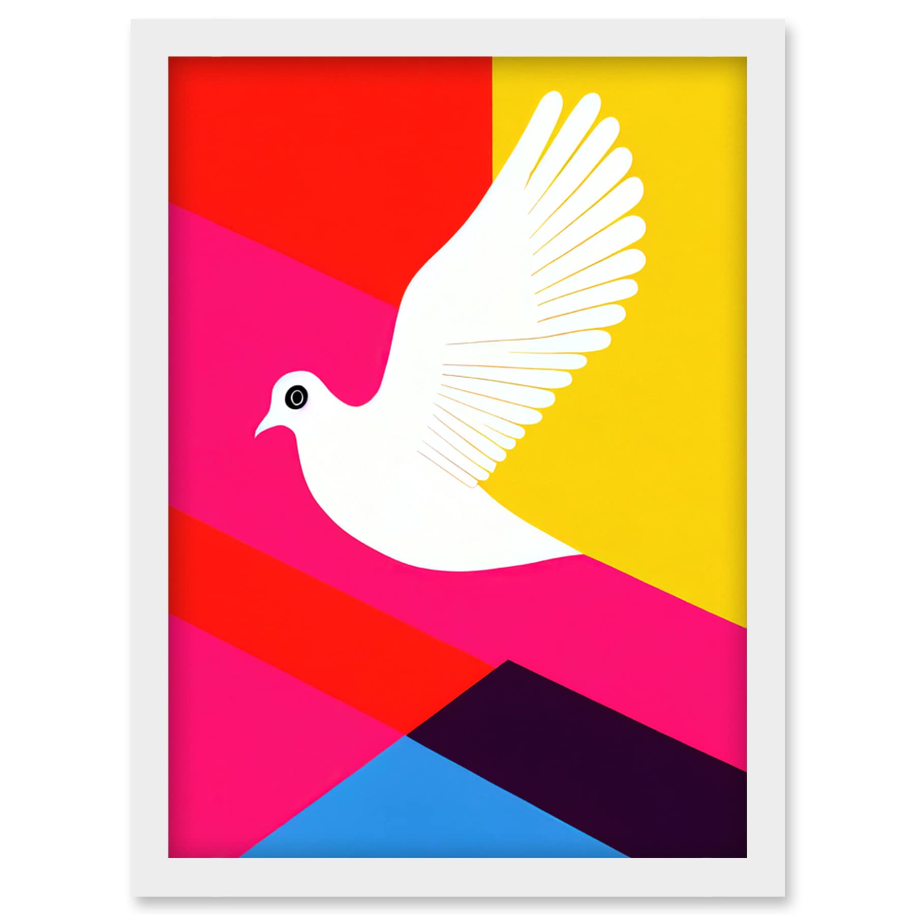 Wee Blue Coo White Peace Dove Vibrant Colourful Geometric Multi Colour Graphic Design Artwork Framed Wall Art Print A4